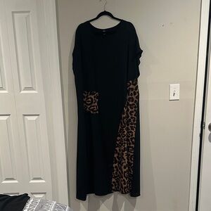 Elegant Black and Leopard Print Long Sleeve Dress